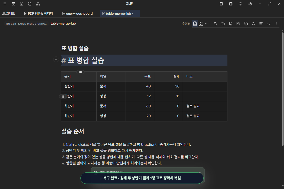 Ctrl Z 한 번으로 원래 두 상반기 셀과 각각 1행인 표를 복구한 화면
