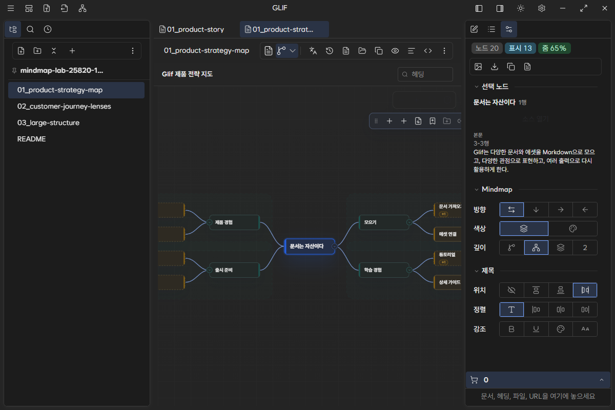 같은 heading 계층을 양방향 tree로 투영한 Desktop Mindmap